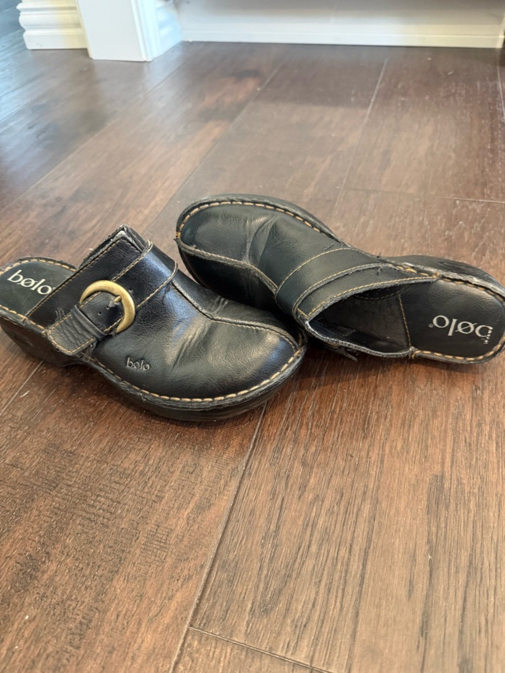 b.o.c. Black Leather Mule Clogs with Buckle Accent